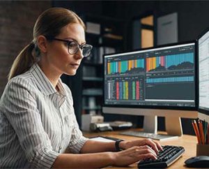 woman accountant preps to take the cpa exam on desktop computer